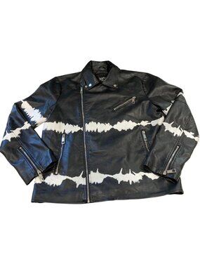 Boohoo Man Black Biker White Dye Faux Leather Jacket L Moto Streetwear Edgy